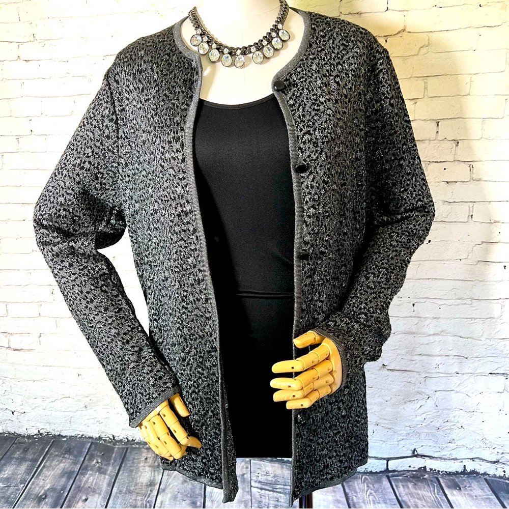Tesori Metallic Silver Black Button Up Cardigan Size Large Made in Italy